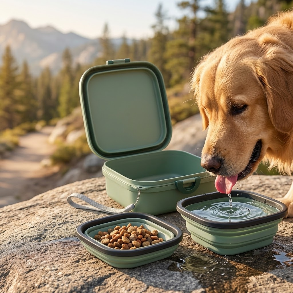 Green 400 ml Foldable Double Pet Bowl