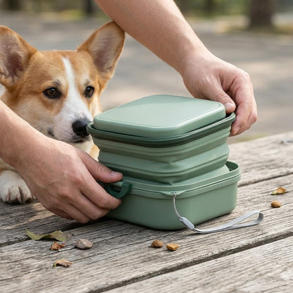 Green 400 ml Foldable Double Pet Bowl