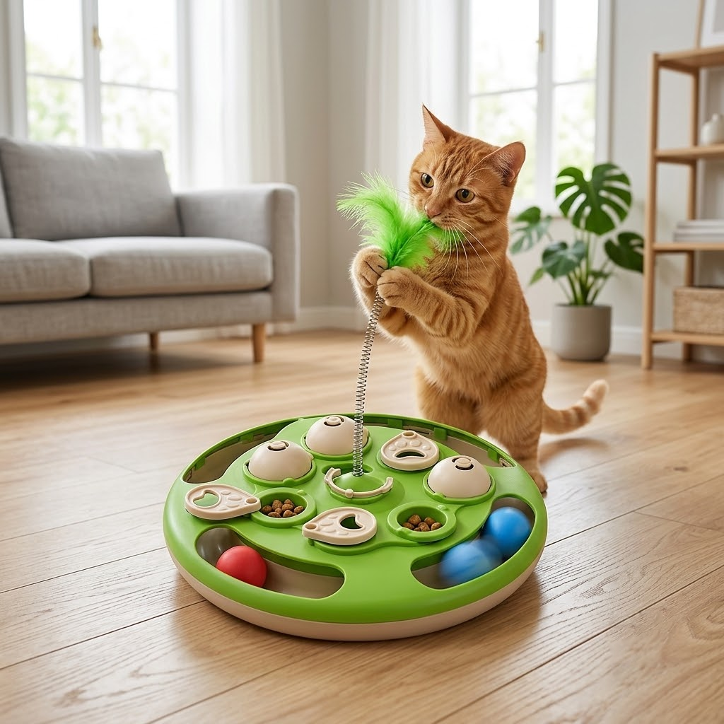 Green Interactive Cat Puzzle Feeder with Feather Teaser Wand