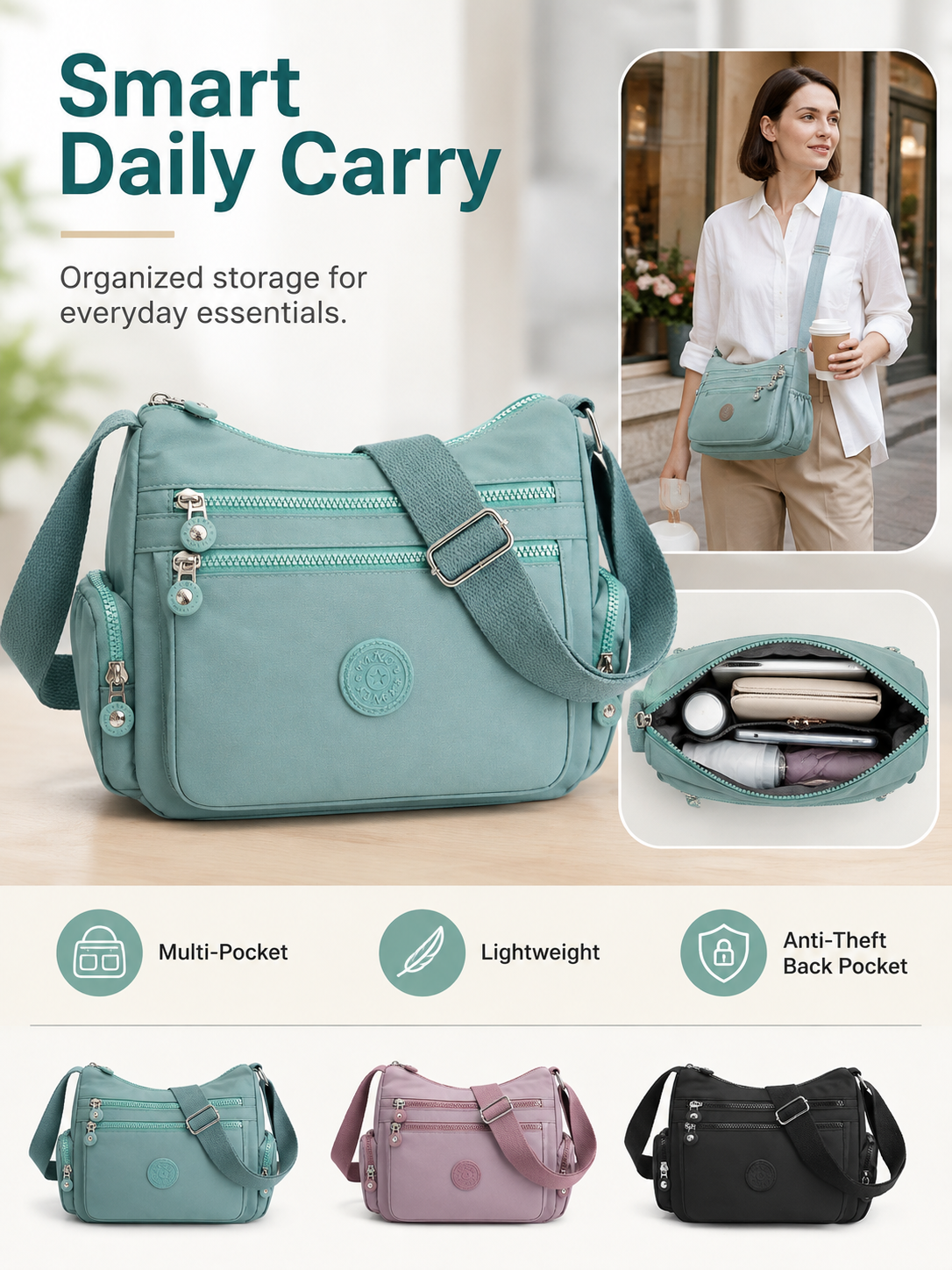 💖 Everyday Favorite Nylon Crossbody Bag with Multi-Pocket Storage1
