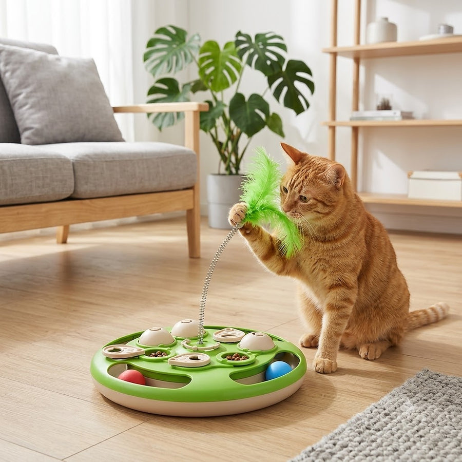 Green Interactive Cat Puzzle Feeder with Feather Teaser Wand